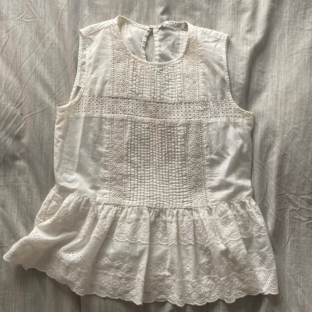 White Zara peplum eyelet top